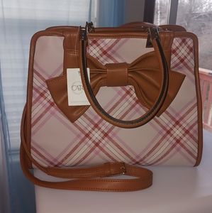 Brand New w Tag CATO pink plaid purse trimmed in brown/ tan.